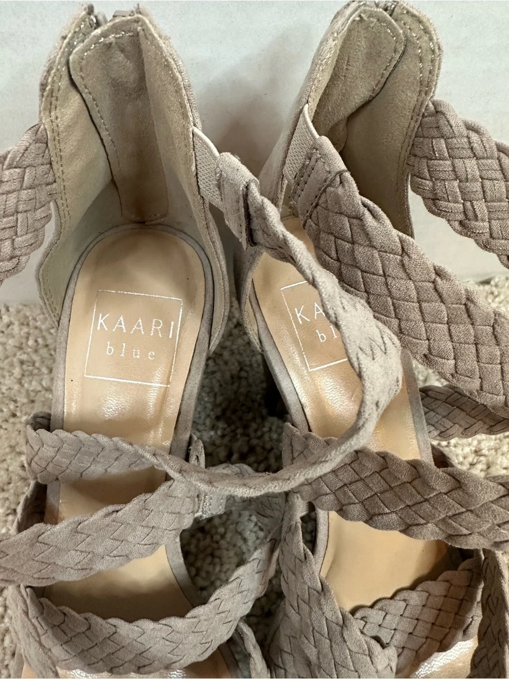 Kaari Blue Taupe Braided Strappy Heeled Sandals, size 8, new without box